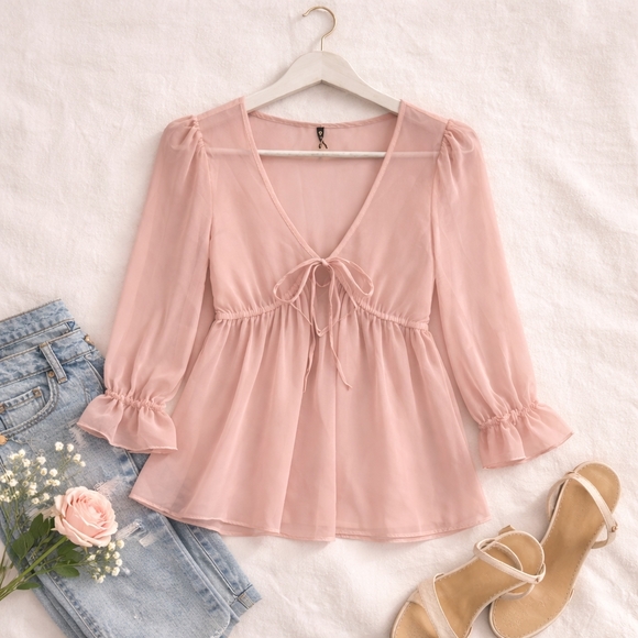 Ja Europe Tops - Blush Sheer Babydoll Blouse Feminine Romantic Boho Ruffle Sleeve M